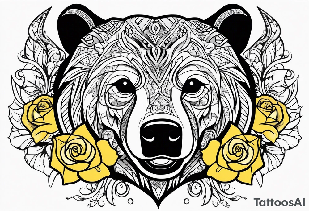 A tribal bear outline above the butterfly and yellow rose tattoo idea