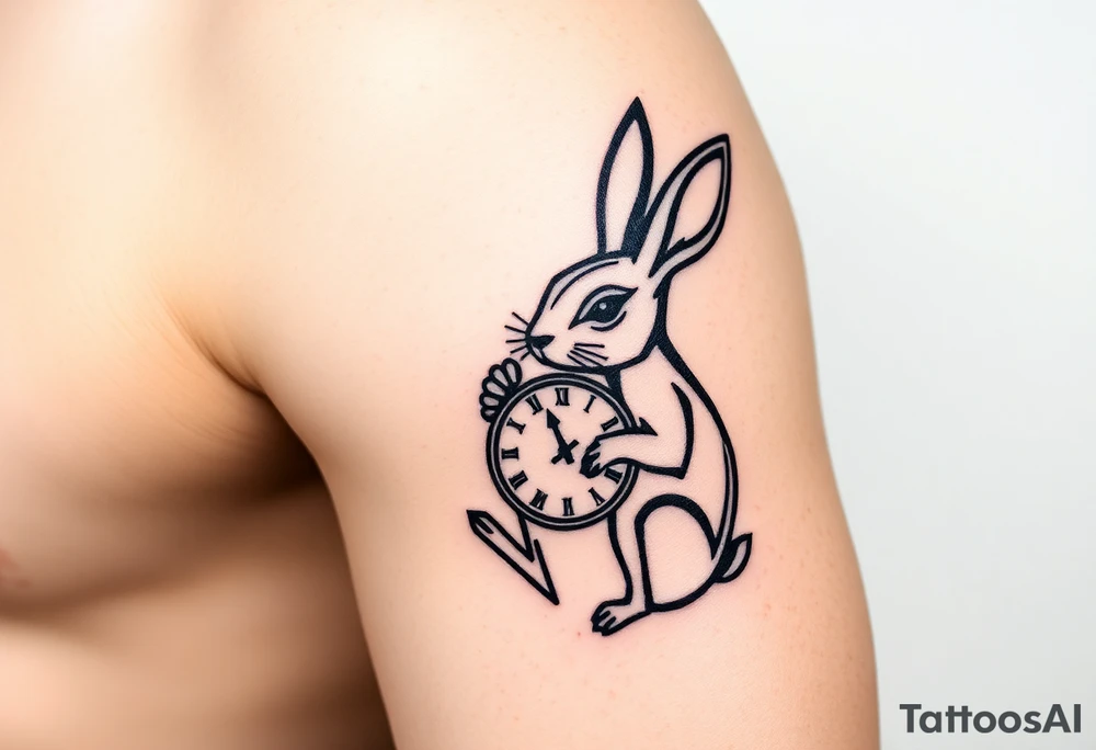 Tribal Rabbit holding a Clock tattoo idea