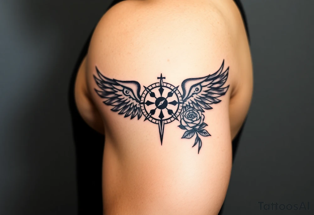 Wing with compass  a clock  with roses tattoo idea