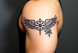 Wing with compass  a clock  with roses tattoo idea