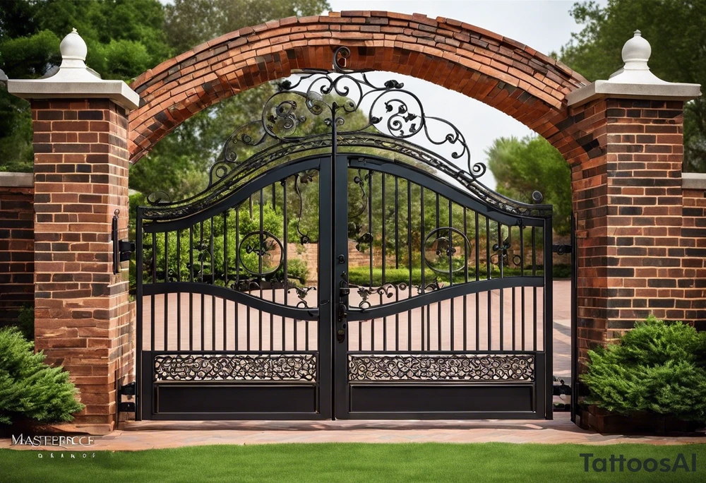 This image depicts an arched gate made of intricately designed wrought iron. The gate has swirling patterns, with the iron bars curving elegantly in various directions, forming loops and curves. The gate is set within a brick frame, with the bricks having a weathered, slightly irregular appearance. The bricks are painted in a gradient of colors, primarily shades of red and pink, transitioning into some hints of green and blue, especially around the edges.

Behind the gate, there’s a pathway made of bricks that leads into a lush garden. The garden is full of greenery, with trees and plants visible in the background. The image has a slightly surreal and artistic quality, possibly due to some paint or texture effects applied to it, giving it a dreamy and almost watercolor-like appearance. tattoo idea