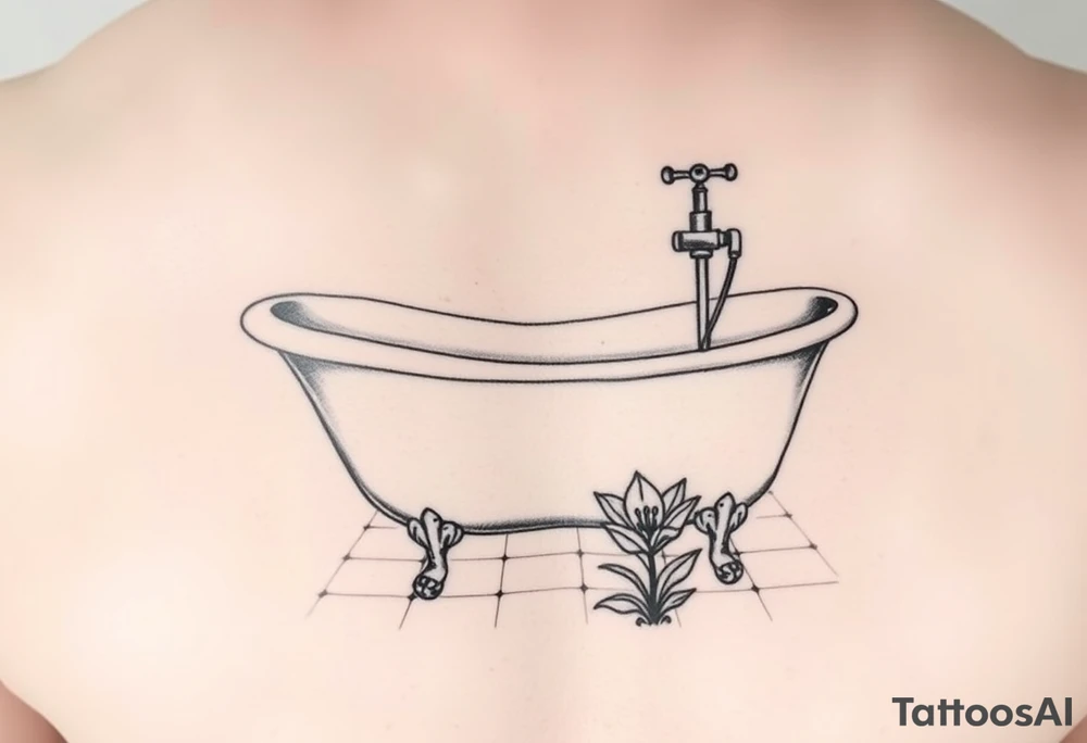 clawfoot bathtub with simple faucet and lily coming up out of the tile floor tattoo idea