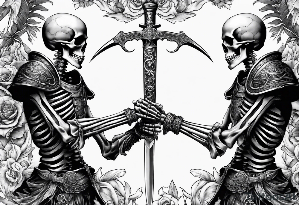 Two Skeletons both reaching for a sword tattoo idea Two Skeletons both reaching for a sword tattoo idea
