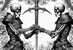 Two Skeletons both reaching for a sword tattoo idea