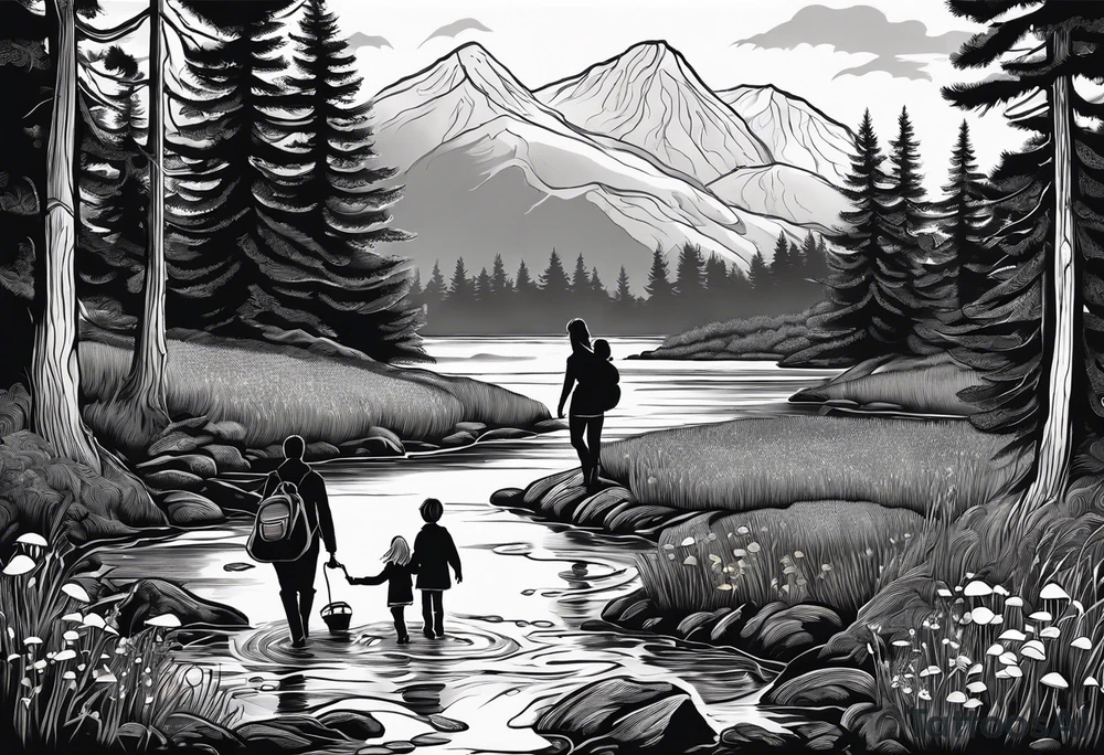 Family silhouette of a father, a mother with long straight blonde hair, oldest son, middle daughter, and small daughter foraging mushrooms with mountains and creek in background tattoo idea