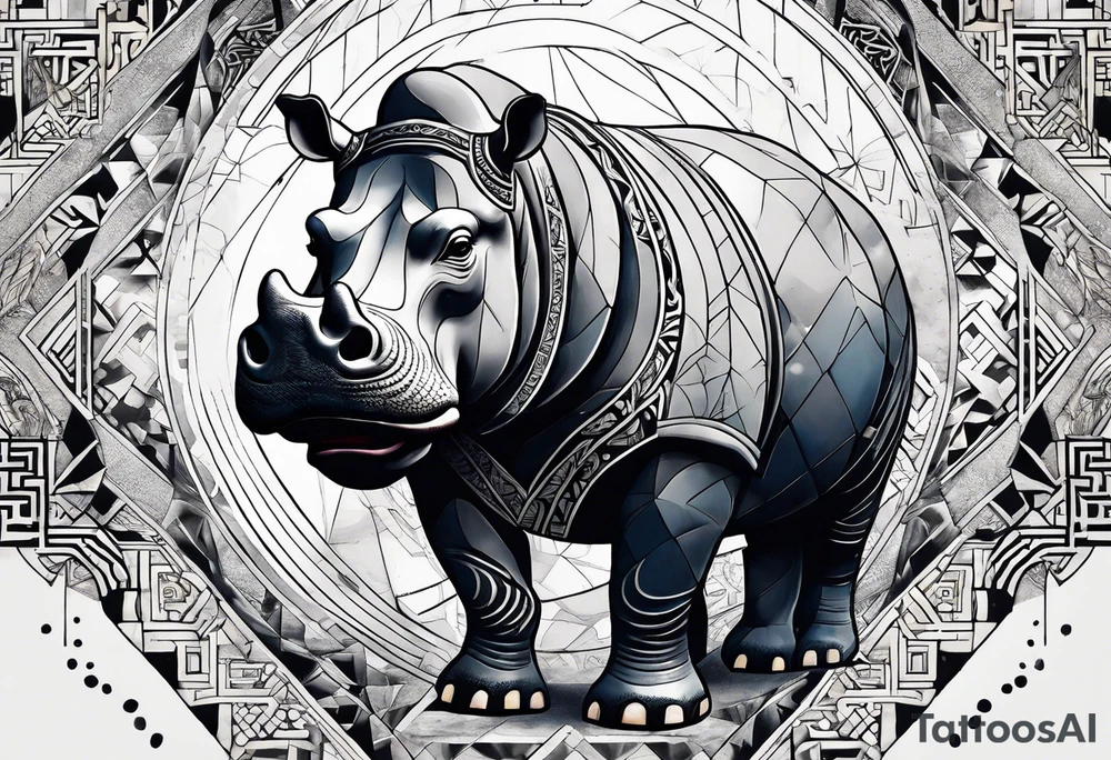 Asymmetrical, geometric, chinese ink art touch, hippo , full moon, tribal, orientation portrait tattoo idea