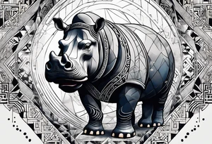 Asymmetrical, geometric, chinese ink art touch, hippo , full moon, tribal, orientation portrait tattoo idea