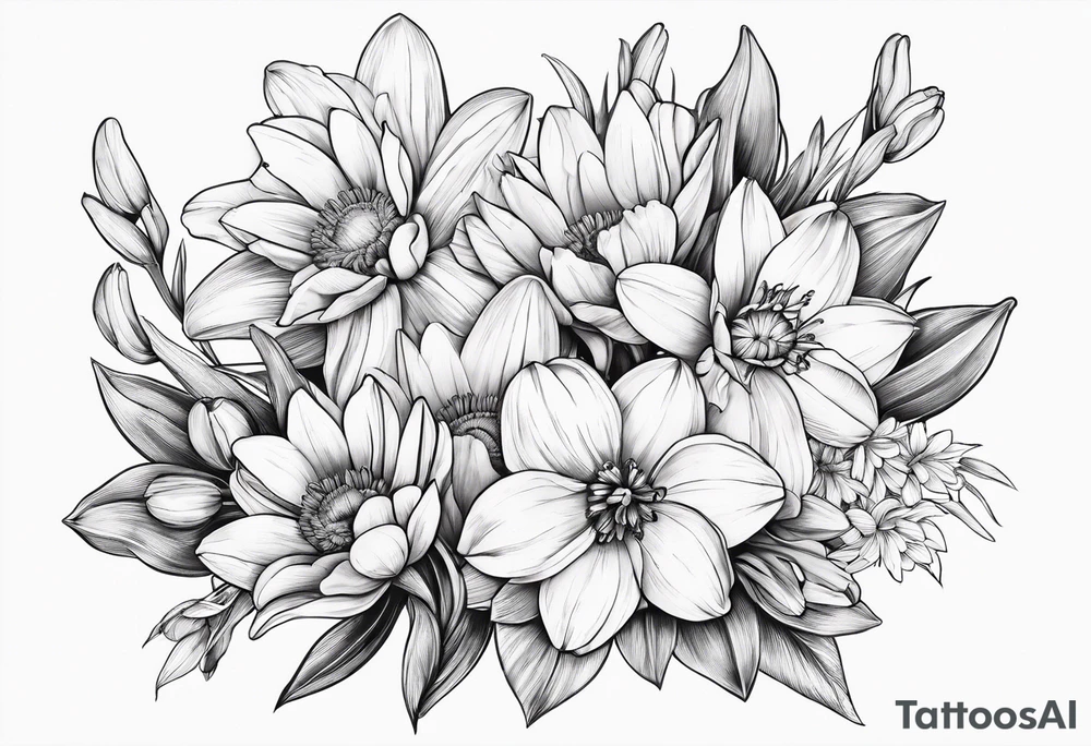 Small Bouquet of daffodils gerberas and tulips tattoo idea