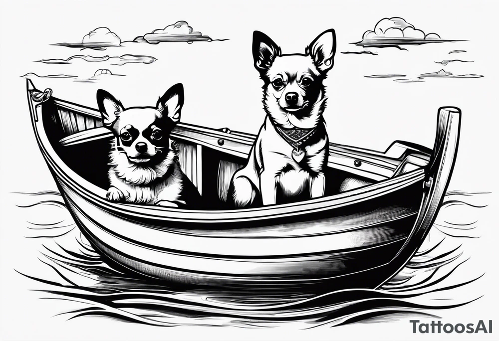 two dogs in a boat. One dog is a chihuahua with big ears. tattoo idea