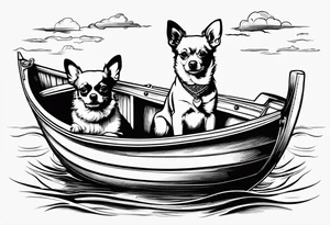 two dogs in a boat. One dog is a chihuahua with big ears. tattoo idea