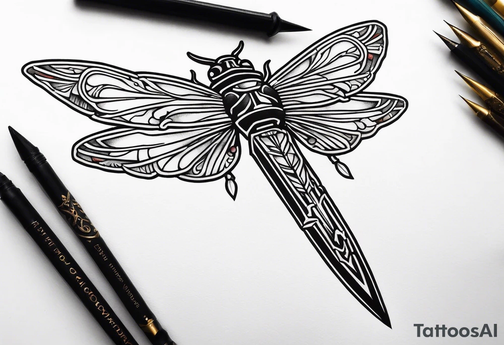 Sword behind cicada tattoo idea