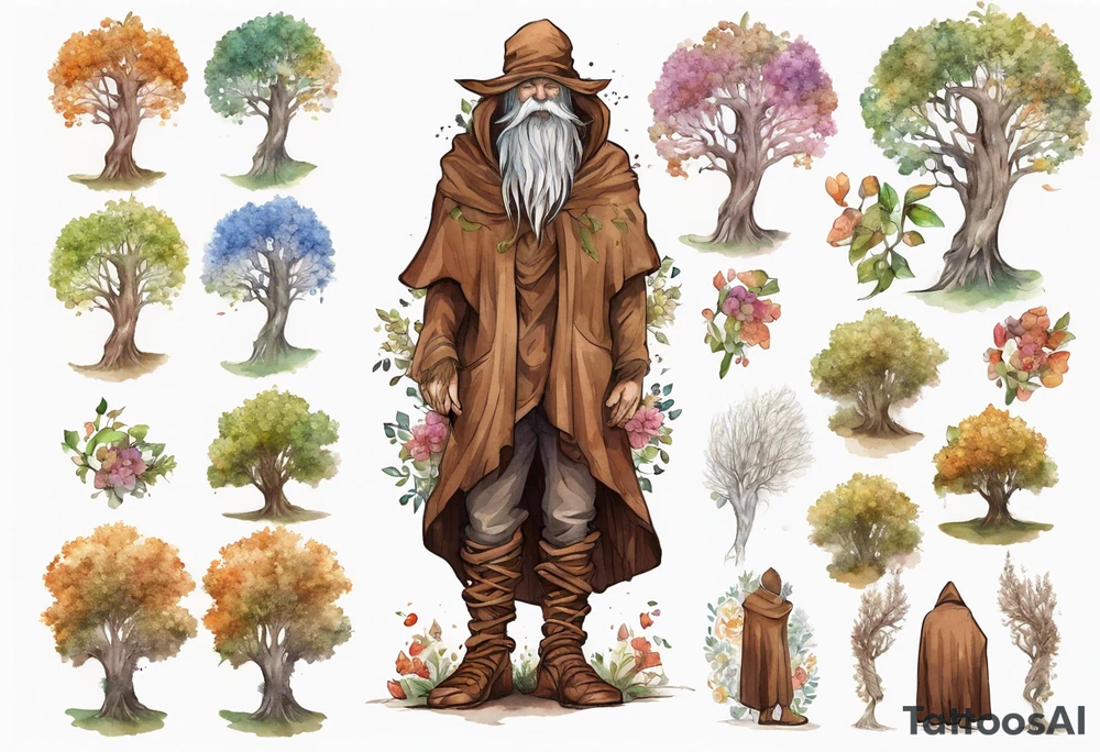 A tall, beautiful old tree-man hybrid with leafy hair and a cloak made of flowers. Wearing brown mukluks. tattoo idea