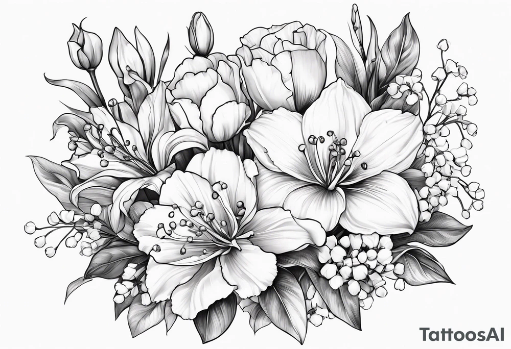 Bouquet
with 1 snowdrop flower 2 carnations 1 rose 1 lily of the valley 1 daffodil 1 peony tattoo idea