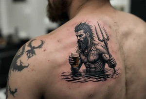 young, fit poseidon in calm water, holding a trident, drinking a beer, with feet tattoo idea