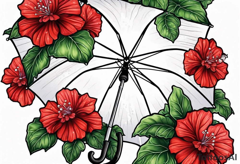 Umbrella with red geraniums with rain drops tattoo idea