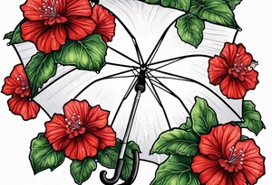 Umbrella with red geraniums with rain drops tattoo idea