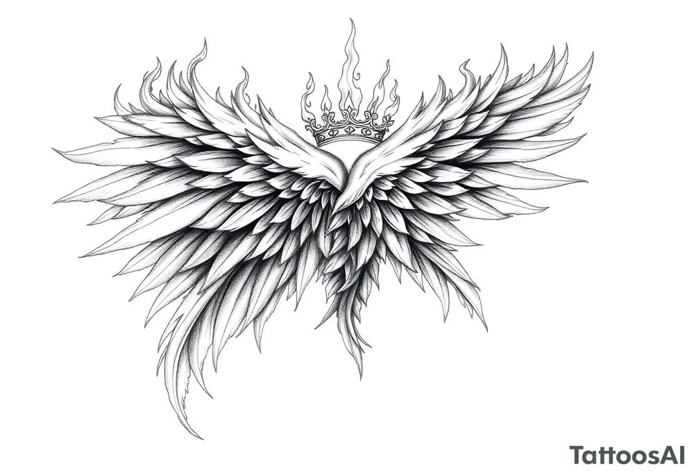 large blazing wing surrounded by fire. with a crown of fire tattoo idea
