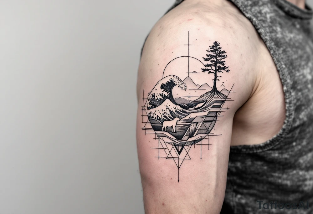 Fine line powerful ocean half sleeve with a wave, a whale, a Joshua tree, and a dog as separate elements connected by geometric patterns tattoo idea Fine line powerful ocean half sleeve with a wave, a whale, a Joshua tree, and a dog as separate elements connected by geometric patterns tattoo idea