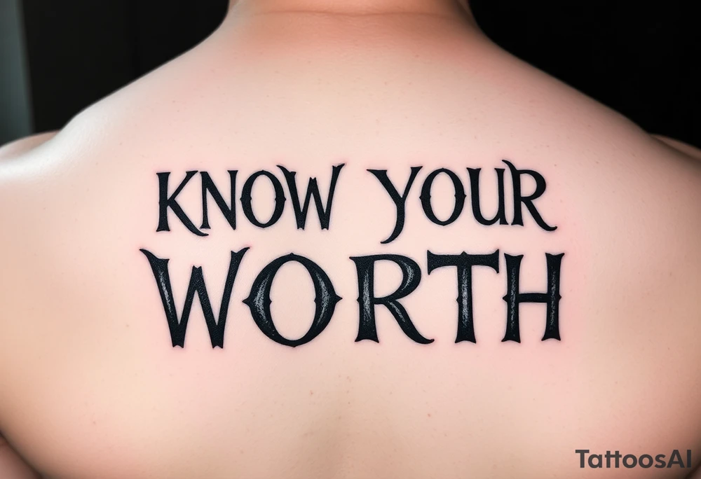 KNOW YOUR WORTH  in a fancy bold grunge font tattoo idea