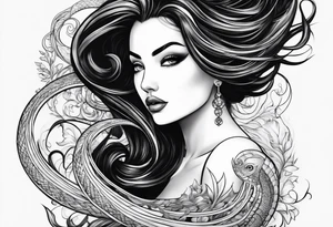 A siren with curly dark hair swimming upward reaching up, with a long tail. Make her tail long straight up and down and visible tattoo idea