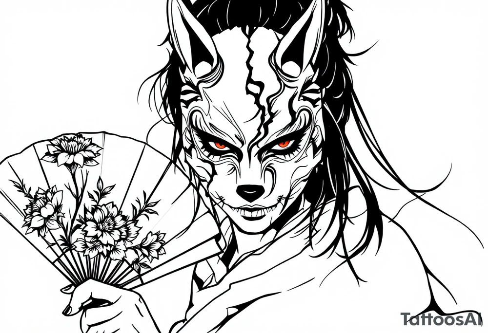 Woman samurai with red eyes wearing an half and broken kitsune mask, holding a japanese fan with Belamcada flowers tattoo idea