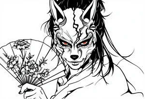 Woman samurai with red eyes wearing an half and broken kitsune mask, holding a japanese fan with Belamcada flowers tattoo idea