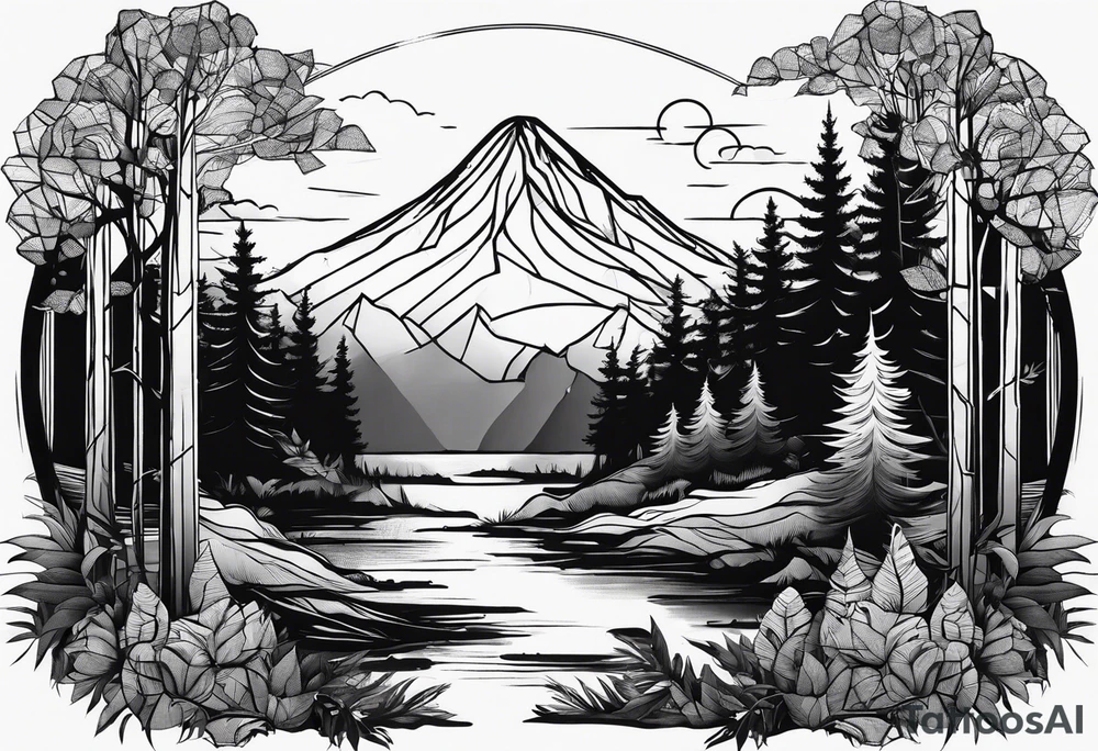Wald silhouette mit Geometric Muster im Hintergrund tattoo idea