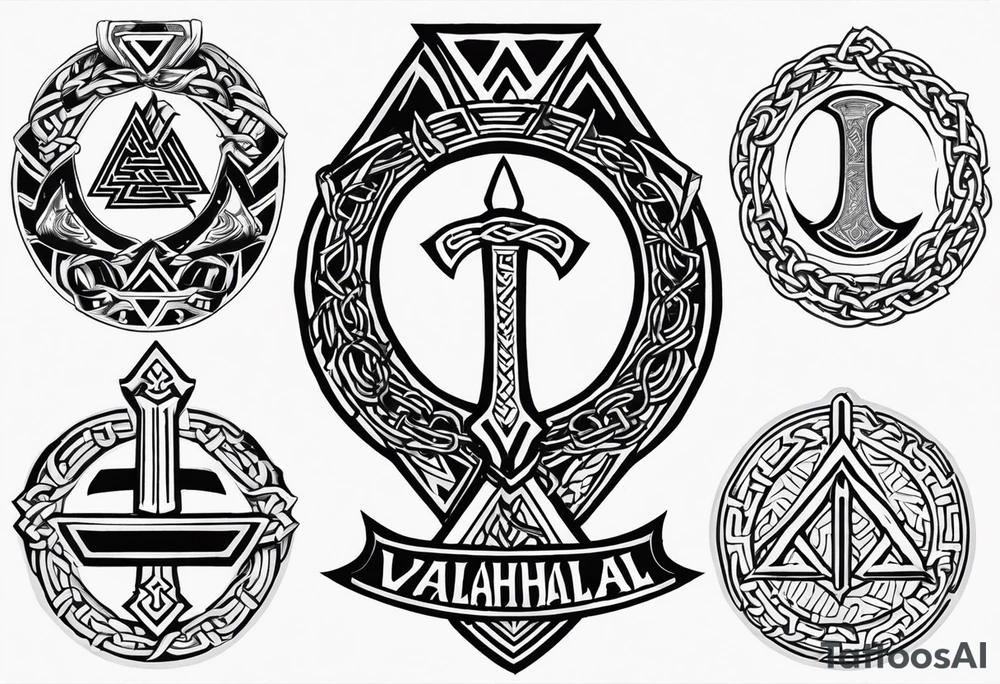 Valhalla sword shield axe Valknut chains tattoo idea