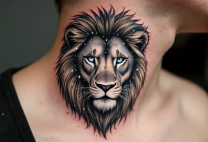 A blue-eyed lion in grayscale has the vivid Leo star constellation etched into its mane using white ink. tattoo idea