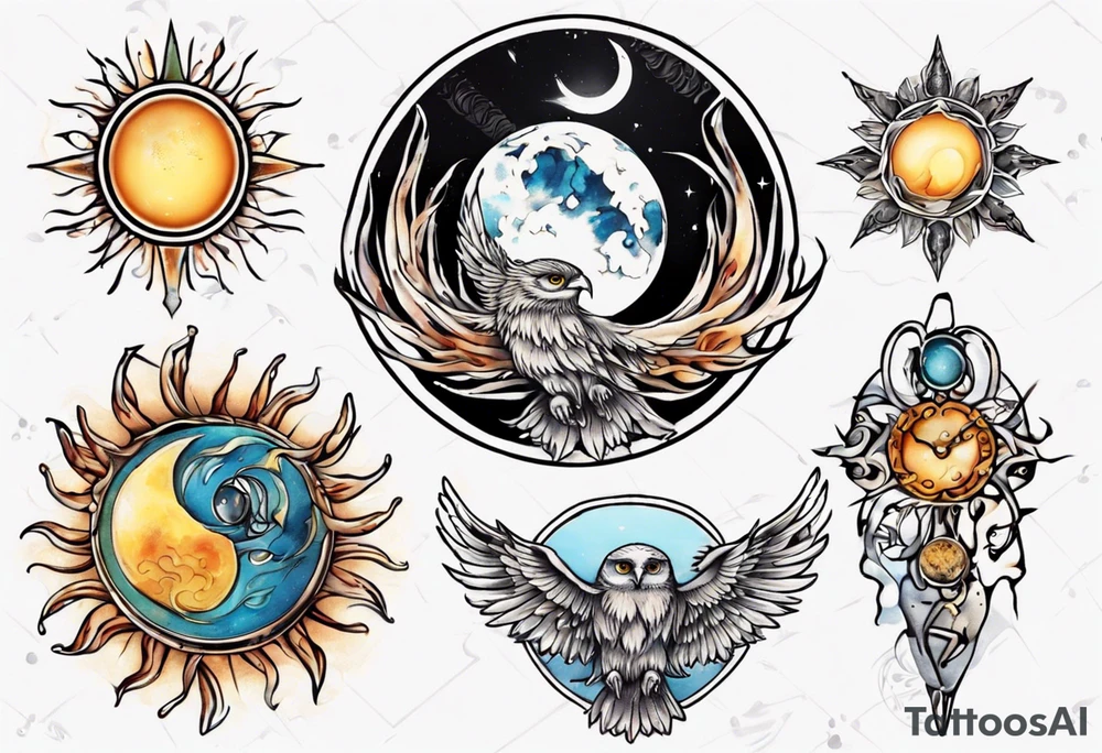 Mond und Sonne mit Eule und Wassermann tattoo idea