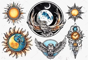 Mond und Sonne mit Eule und Wassermann tattoo idea