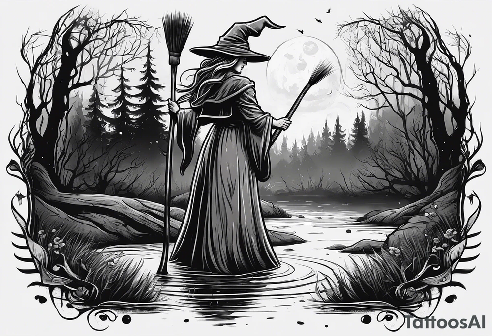 Slavic swamp witch with a broom creepy old ugly tattoo idea