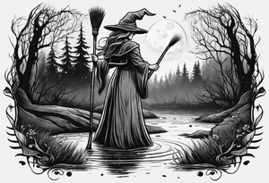 Slavic swamp witch with a broom creepy old ugly tattoo idea