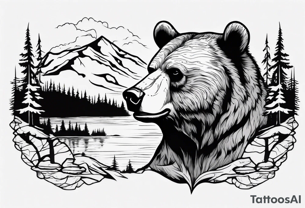 bear head right above the forest line with a lake below tattoo idea