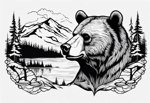 bear head right above the forest line with a lake below tattoo idea