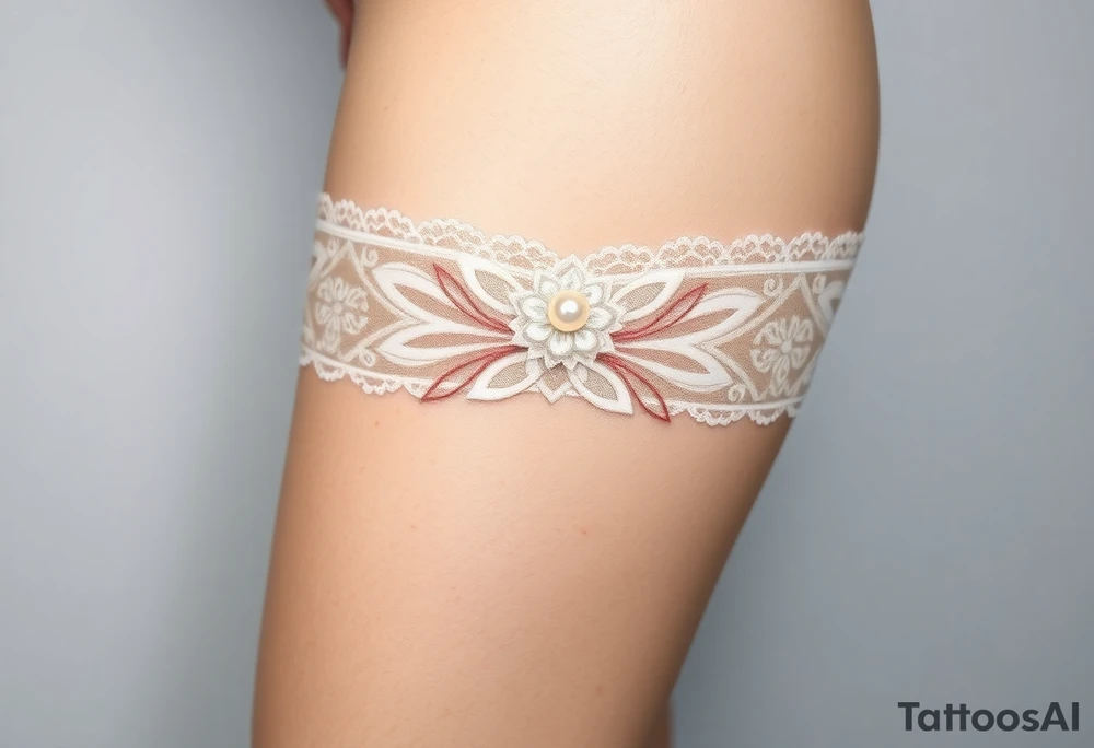 An Art Deco-inspired garter tattoo in soft ivory and platinum tones, with geometric patterns and a small pearl embellishment tattoo idea