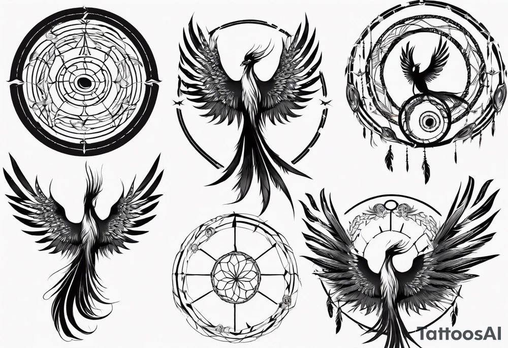 Vertical open mouthed flying Phoenix in circle with long abstract dream catcher feather tail tattoo idea