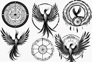 Vertical open mouthed flying Phoenix in circle with long abstract dream catcher feather tail tattoo idea