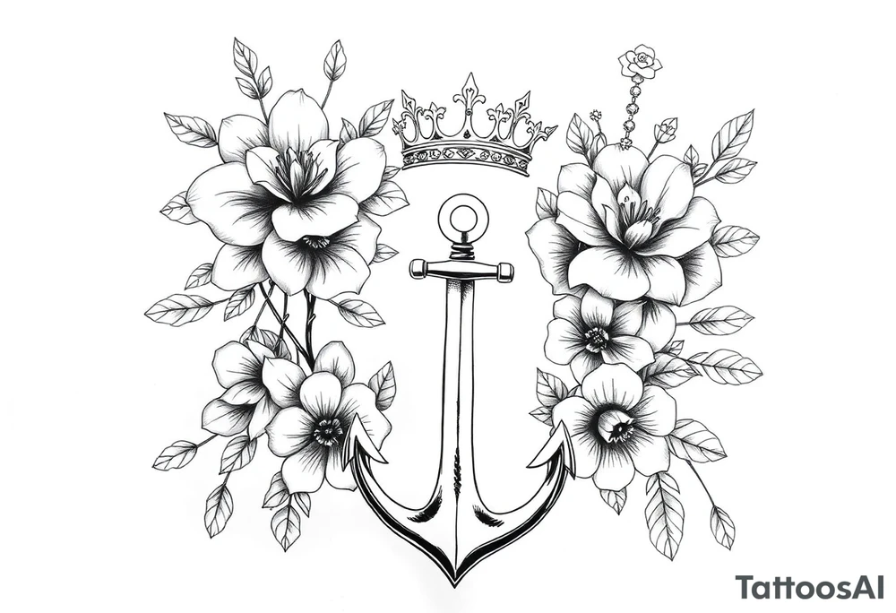 detailed beautiful gothic boho flowers on vine with gorgeous crown and anchor tattoo idea
