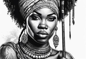 African woman warrior holding spear with deadlocks and earrings. tattoo idea