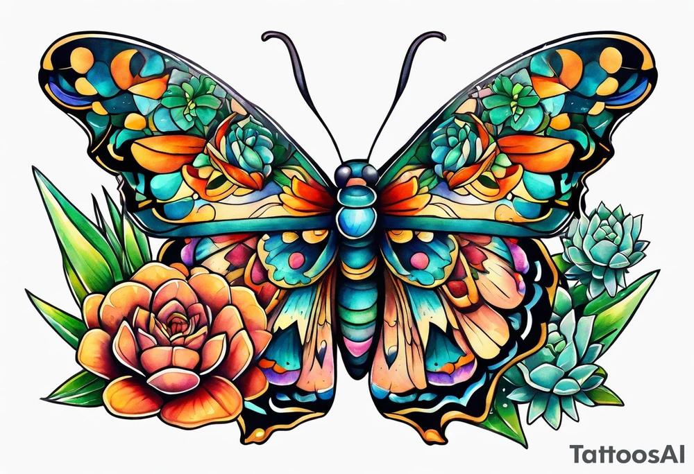 Modern Mexican style moth with succulents in garden tattoo idea