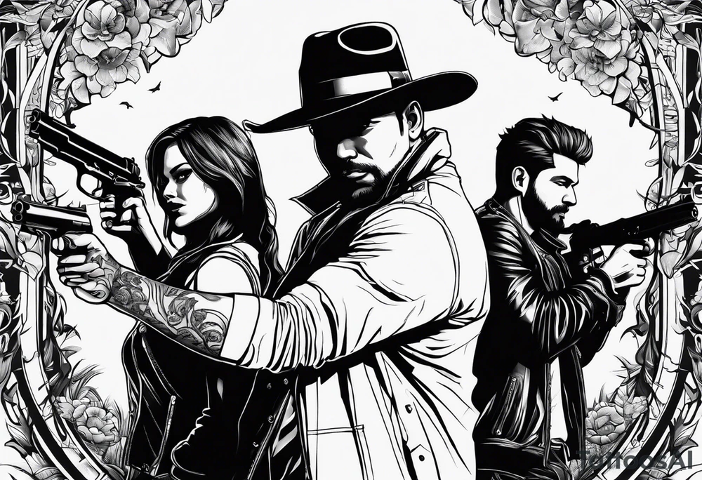 In the reflection of a eye two black siloets of people holding guns one man dead on the ground with a wounded woman standing behind him tattoo idea