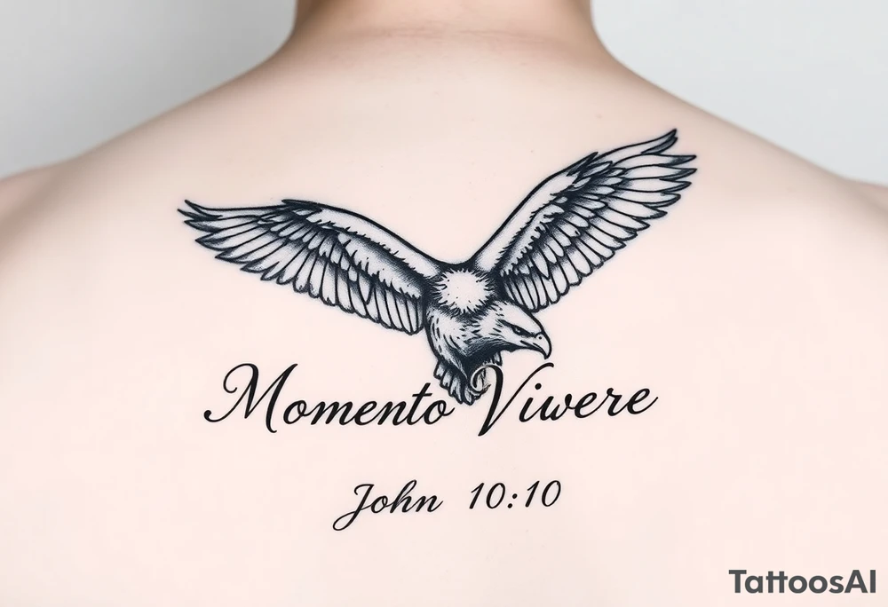 realistic eagle in flight, the words Momento Vivere and John 10:10 tattoo idea