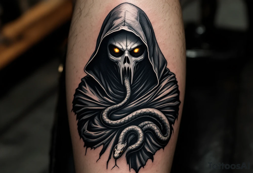 Plague Doctor with a Snake – A dark-robed doctor witn a silver-gray with tipical mask, with a black viper wrapped around their arm, symbolizing healing and poison. The snake's eyes glow deep amber, adding a mystical touch. tattoo idea