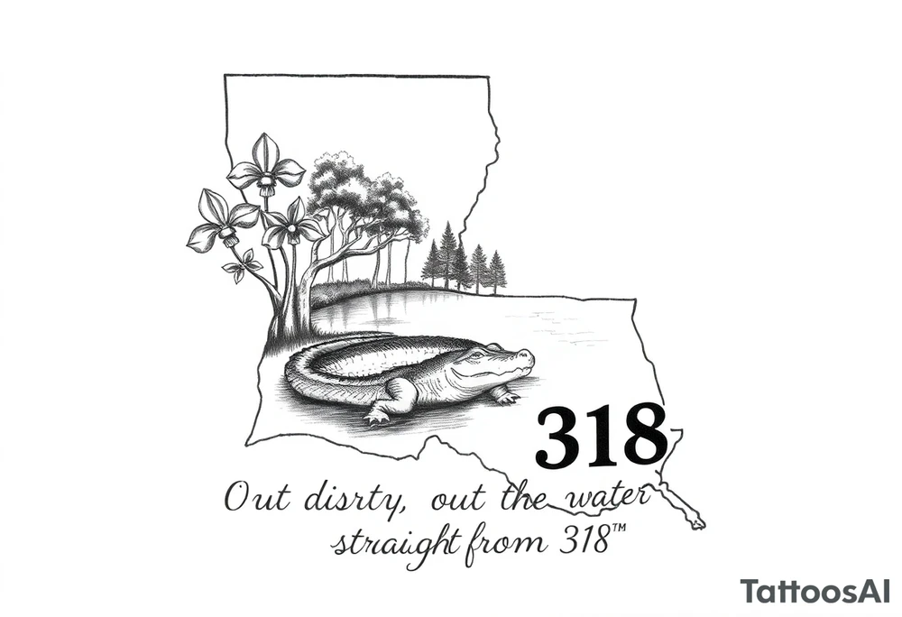 Louisiana state outline with fleur-de-lis, a bayou with a gator and trees , the 318 area code and and quote that says  Out the dirt, out the water, straight from 318 tattoo idea