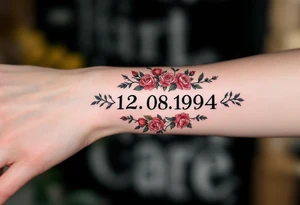 Bold black 12.08.1994 inked in a clean serif font wrapped in soft red roses. tattoo idea