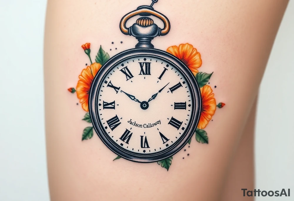 Beautiful pocket watch reading 2:37 with Roman numeral for 10/09/2024 and name Jackson Calloway in the face of watch surrounded by orange marigolds tattoo idea