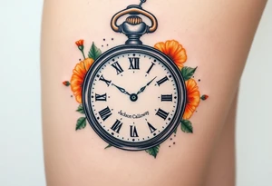 Beautiful pocket watch reading 2:37 with Roman numeral for 10/09/2024 and name Jackson Calloway in the face of watch surrounded by orange marigolds tattoo idea