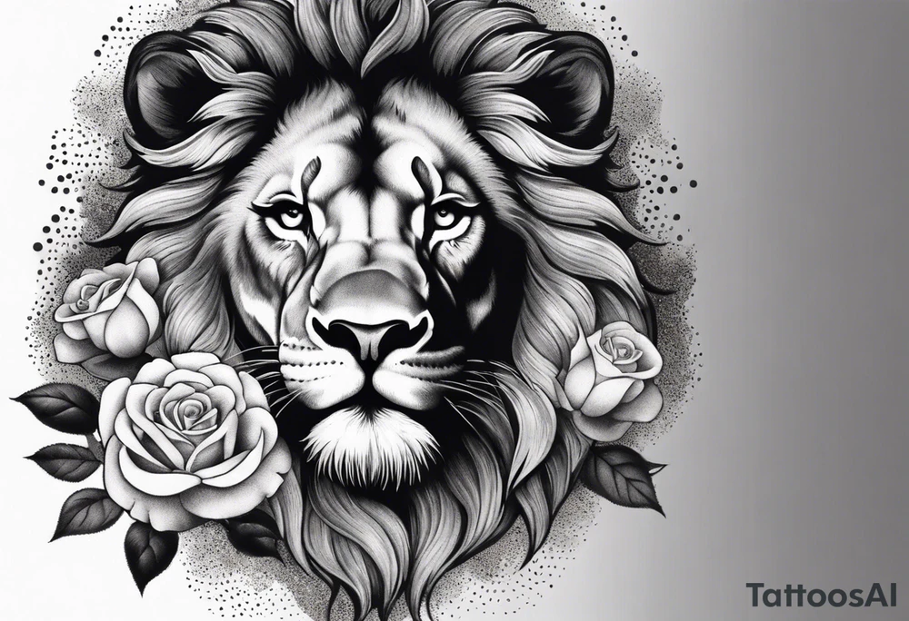 Powerful lion roaring surrounded by roses tattoo idea