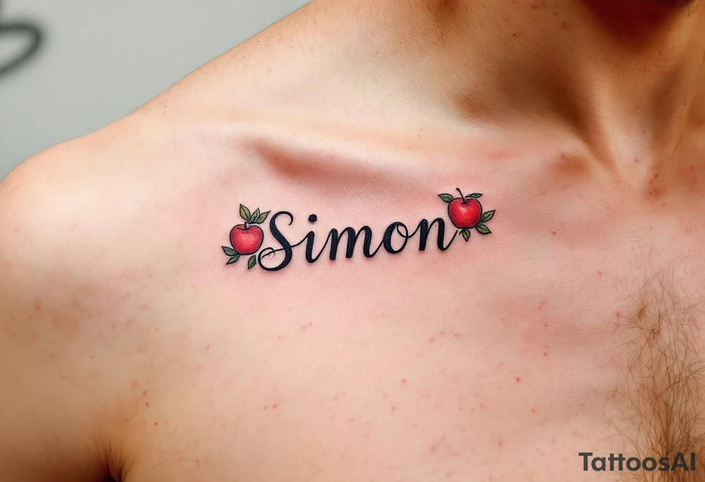 Simon in a bold, classic font, framed by vibrant red apples and green leaves. tattoo idea